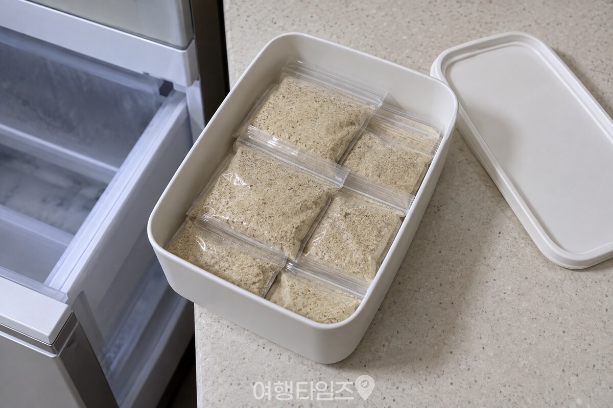 작은 지퍼백에 나눠 담은 들깨가루를 불투명 밀폐용기에 넣어 둔 모습. / 기사 이해를 돕기 위한 생성형 이미지