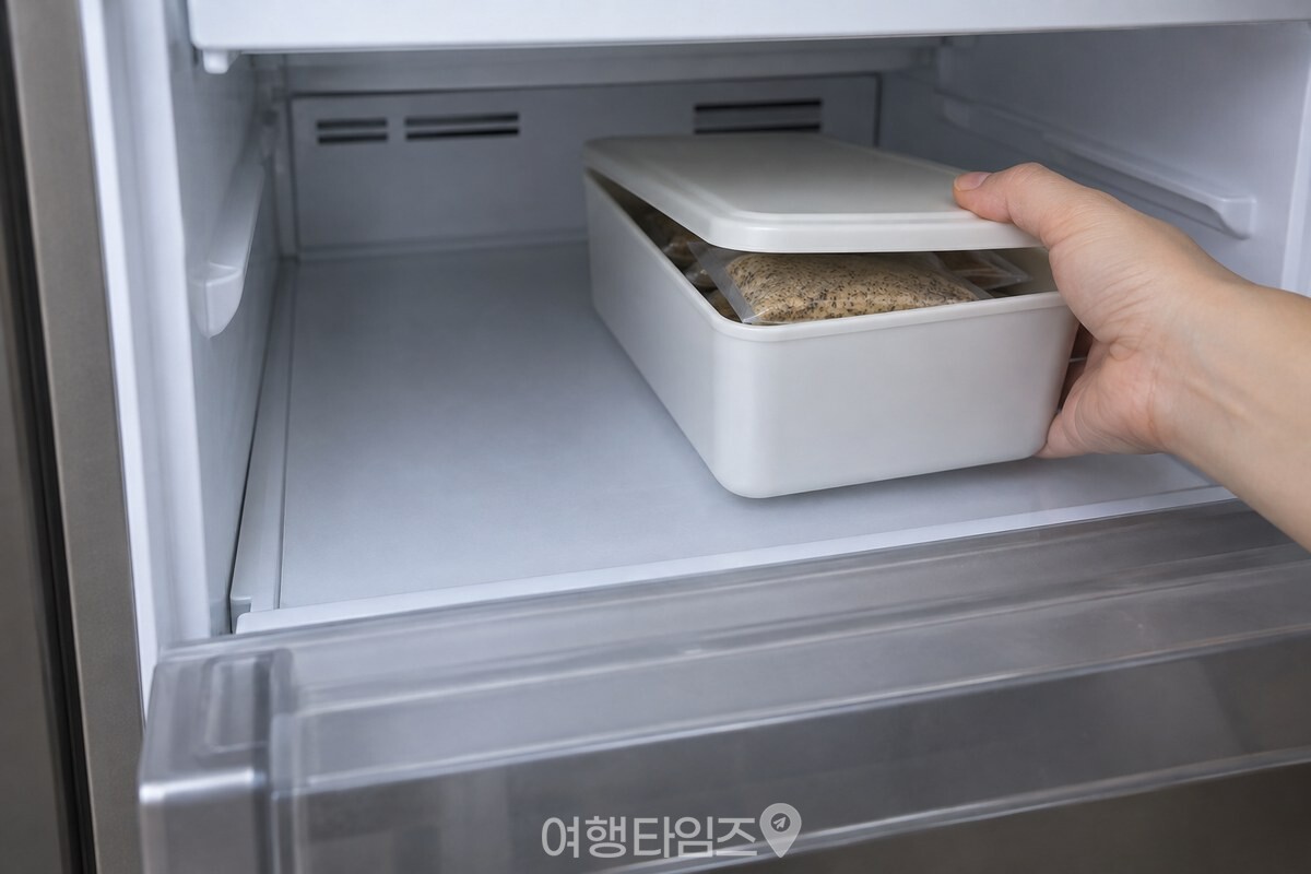 불투명 밀폐용기에 담은 들깨가루 소분 봉지를 냉동실 안쪽 칸에 넣는 모습. / 기사 이해를 돕기 위한 생성형 이미지