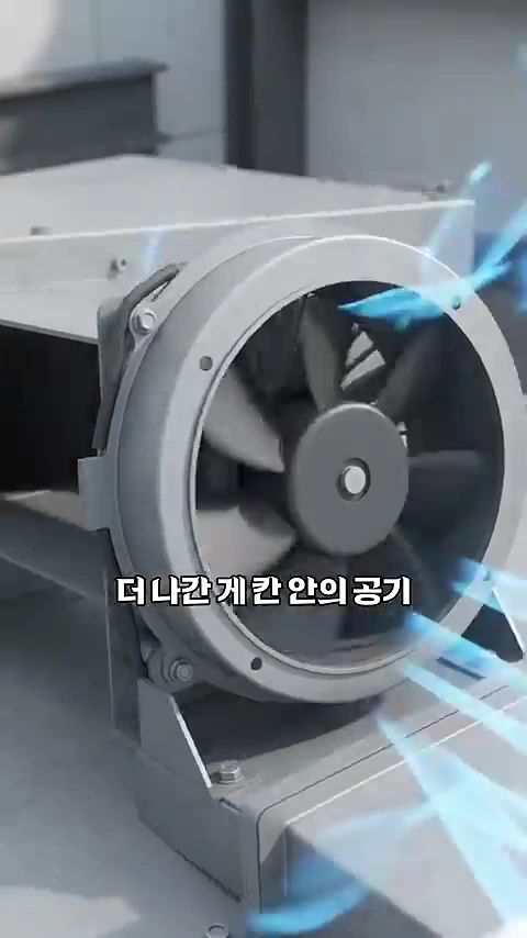 회전하는 냉각 팬 날개 주위로 파란색 공기 흐름 그래픽이 입혀진 모습의 영상 캡처 화면입니다.
