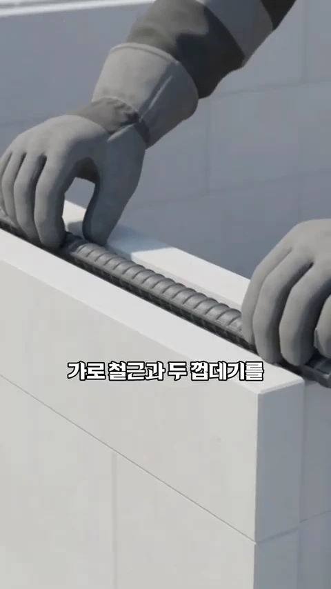 작업자가 장갑 낀 손으로 흰색 콘크리트 벽체 사이에 가로 철근을 설치하고 있는 근접 장면이다.
