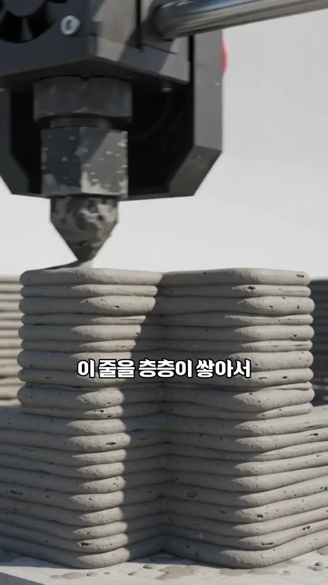 건설용 3D 프린터 노즐에서 회색 콘크리트 반죽이 나와 벽면을 층층이 쌓아 올리는 모습