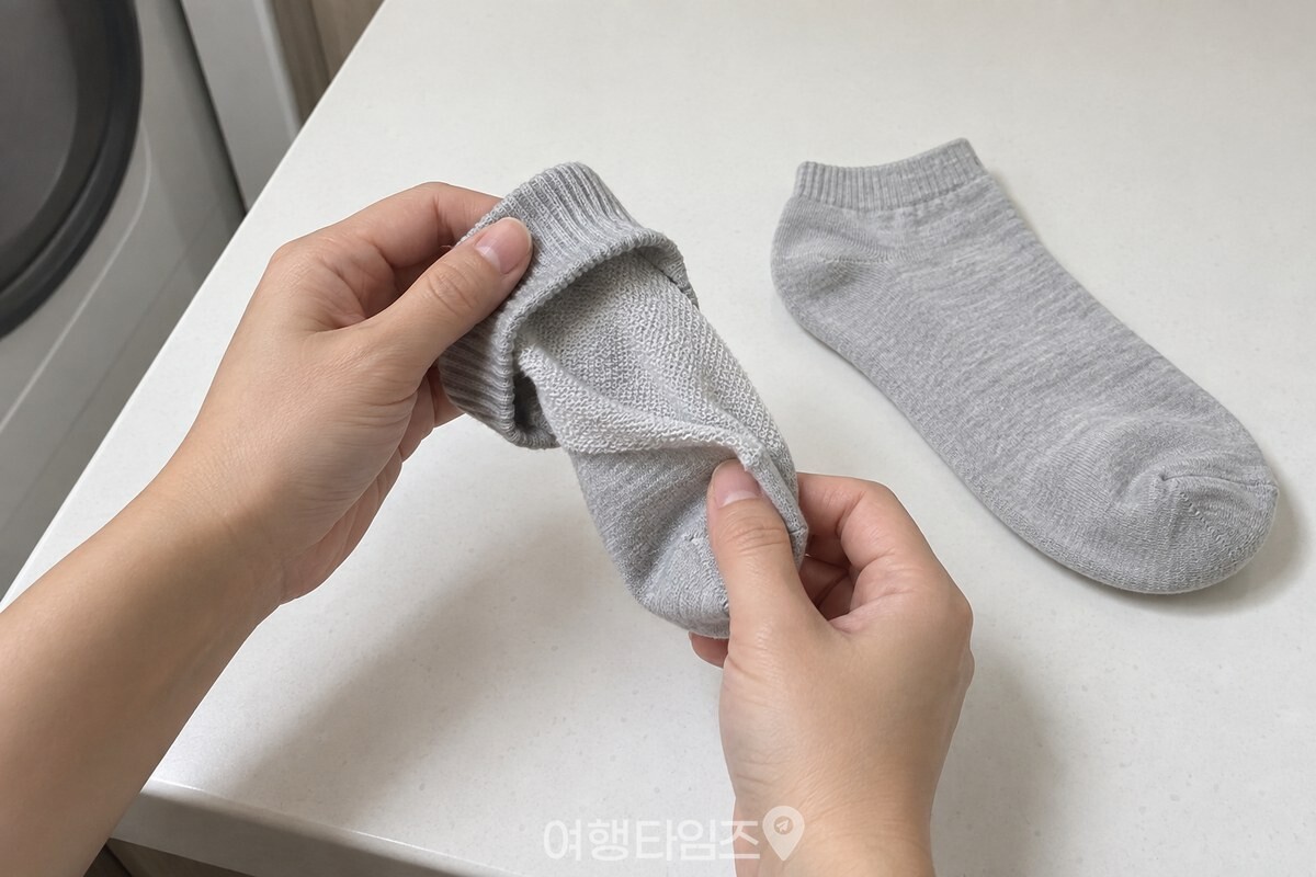 깨끗한 손이 옅은 색 면양말의 발목을 잡고 안팎으로 뒤집는 모습. / 기사 이해를 돕기 위한 생성형 이미지