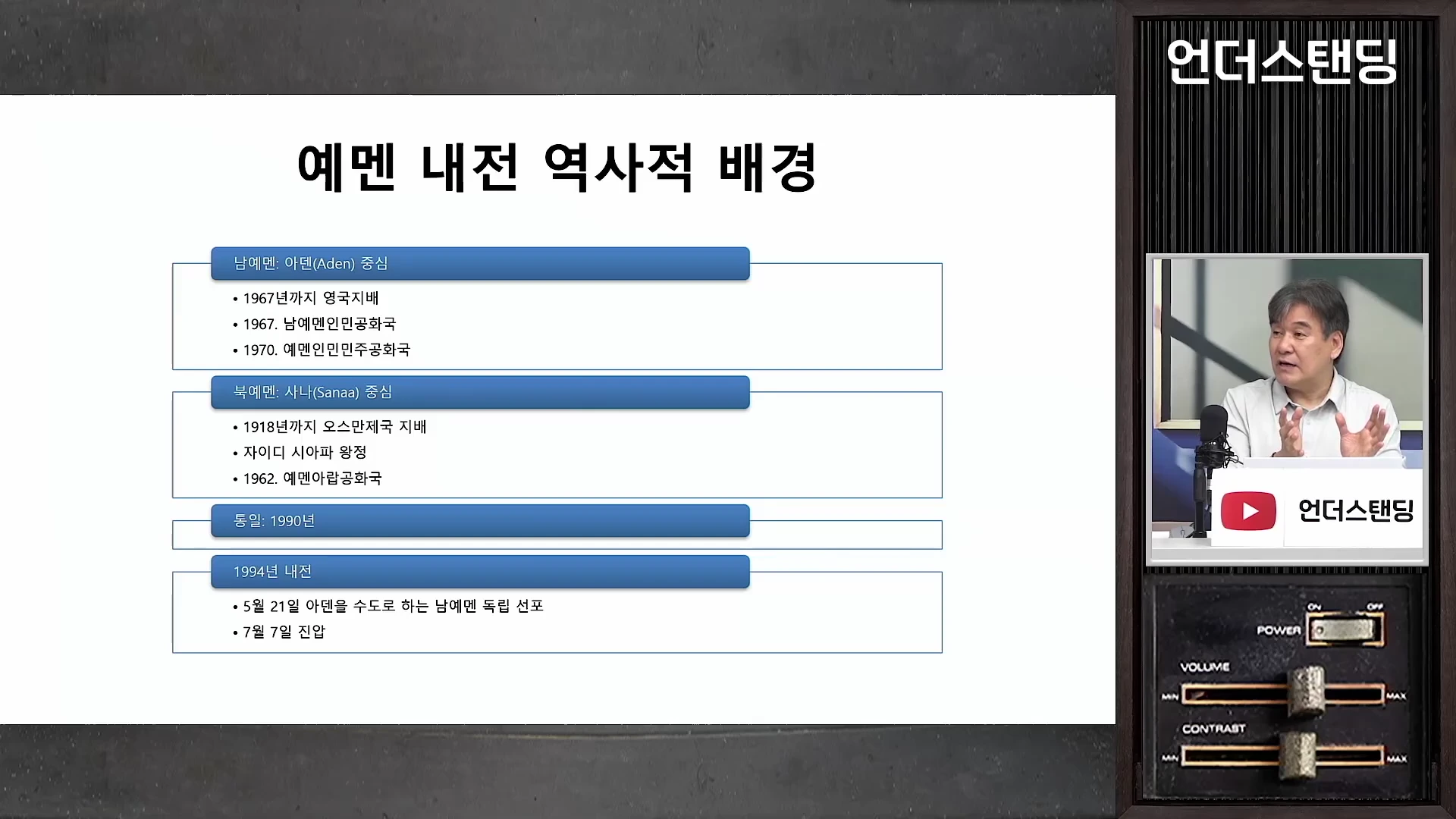예멘 내전의 역사적 배경이 정리된 발표 슬라이드와, 옆에서 이를 설명하는 남성 출연자의 모습이 담긴 방송 화면.