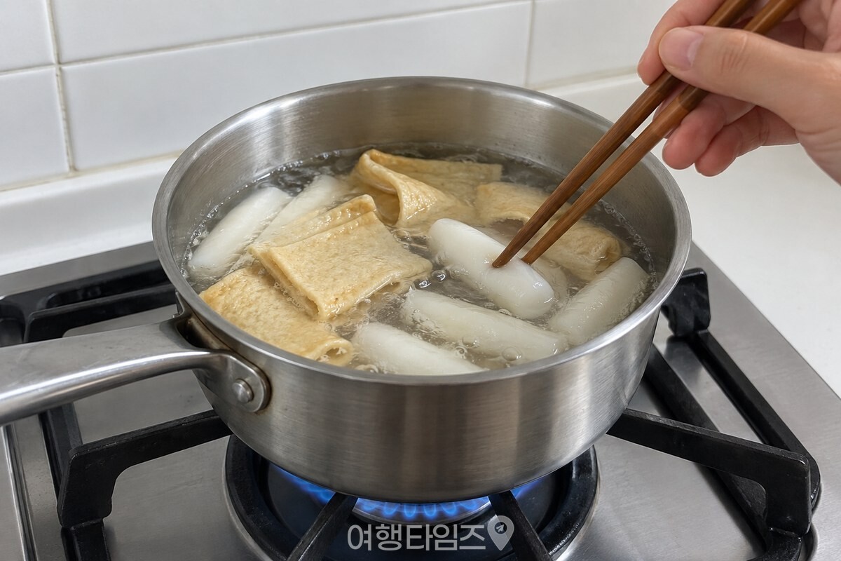 고추장을 넣기 전, 떠오른 떡을 젓가락으로 눌러 부드러움을 확인하는 모습. / 기사 이해를 돕기 위한 생성형 이미지
