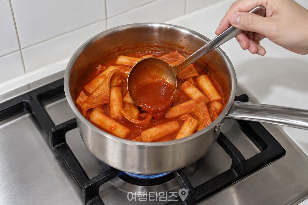 붉은 양념을 넣은 뒤 국자로 냄비 바닥을 저어 가며 졸이는 모습. / 기사 이해를 돕기 위한 생성형 이미지
