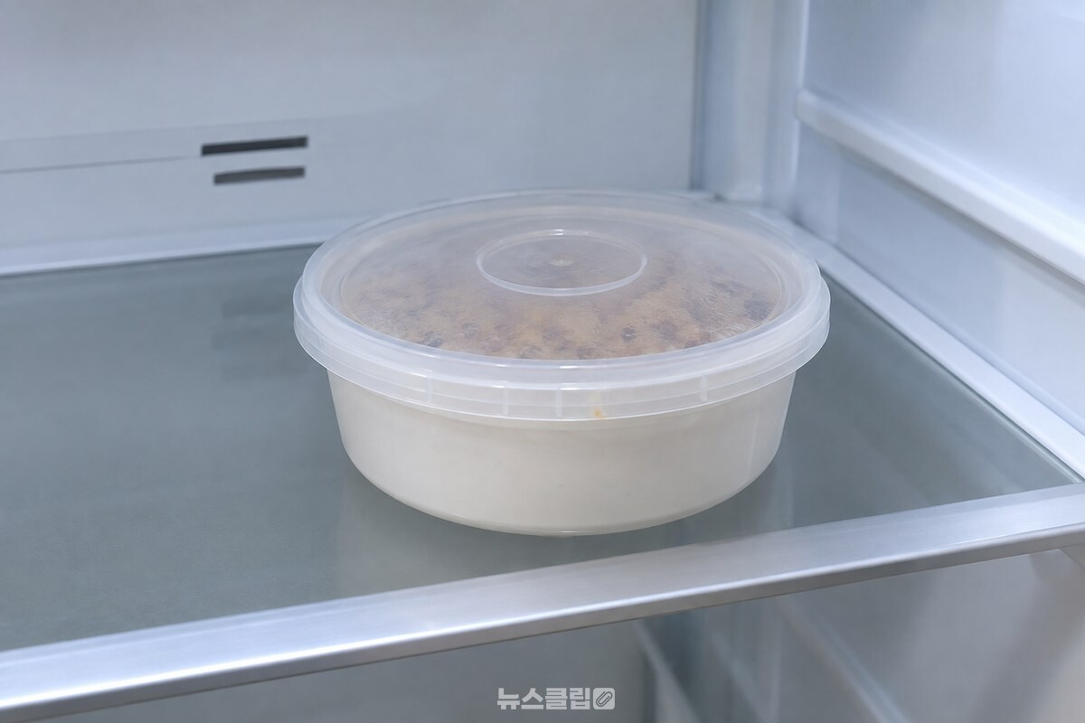 냉장실 선반 위에 뚜껑을 닫은 청국장 용기를 놓은 가까운 모습. / 기사 이해를 돕기 위한 생성형 이미지