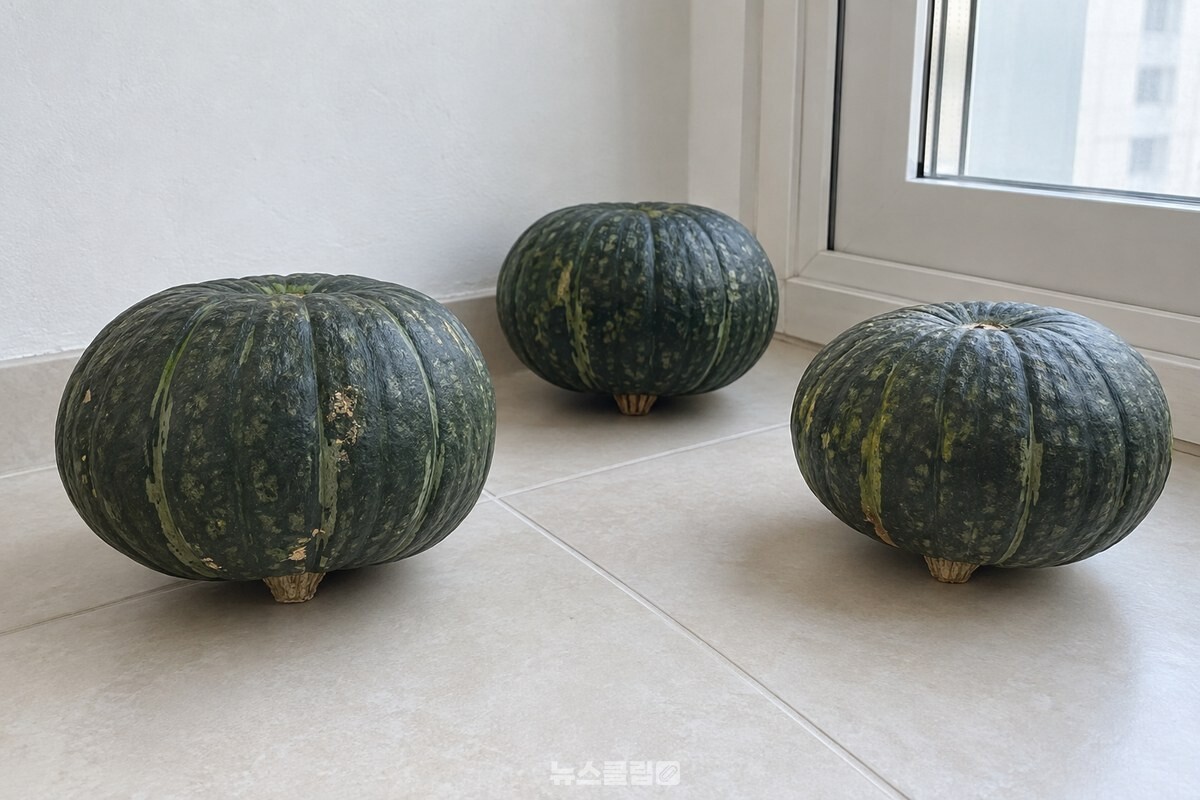 서늘한 다용도실 바닥에 꼭지를 아래로 하여 한 통씩 놓은 단호박. / 기사 이해를 돕기 위한 생성형 이미지