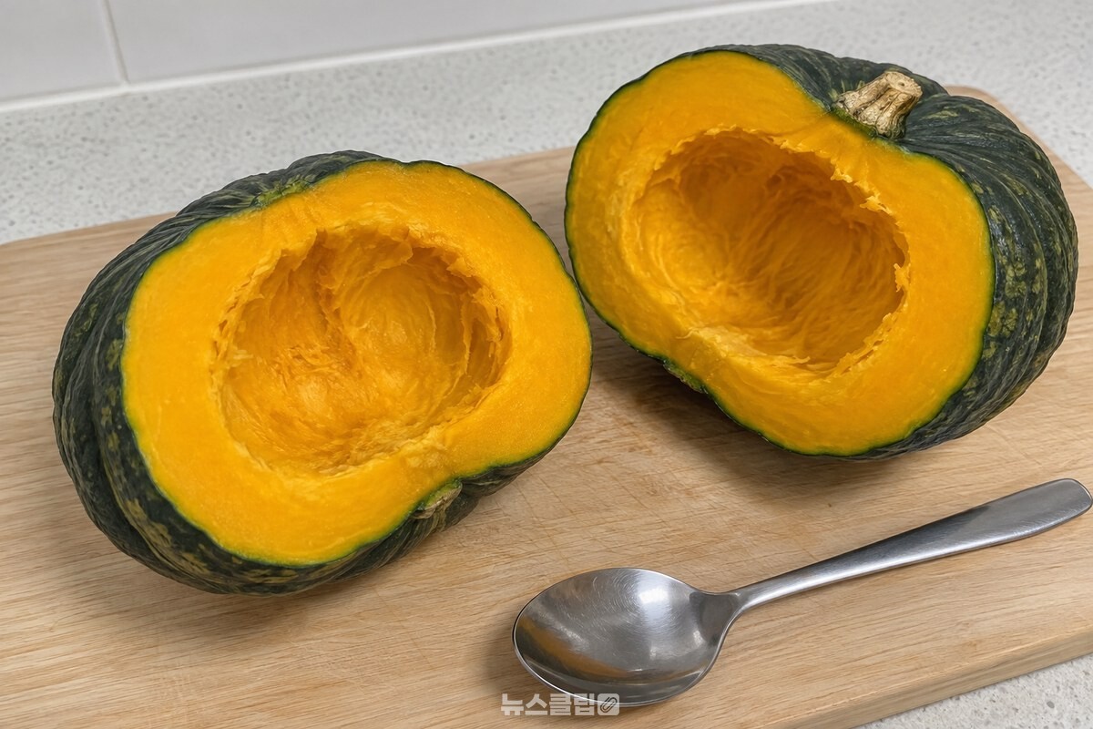 후숙 뒤 반으로 잘라 진한 노란 속살이 보이는 단호박. / 기사 이해를 돕기 위한 생성형 이미지