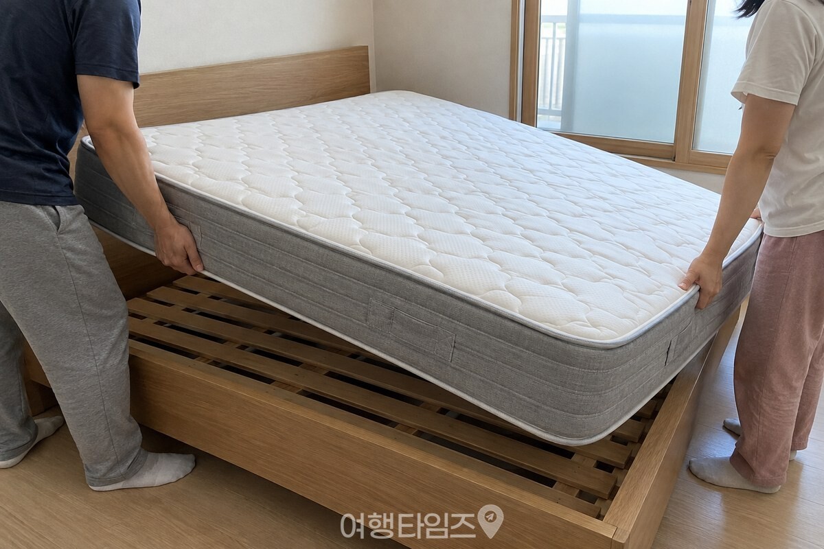 두 사람이 침대 양쪽 모서리를 잡고 매트리스를 함께 돌리고 있다. / 기사 이해를 돕기 위한 생성형 이미지