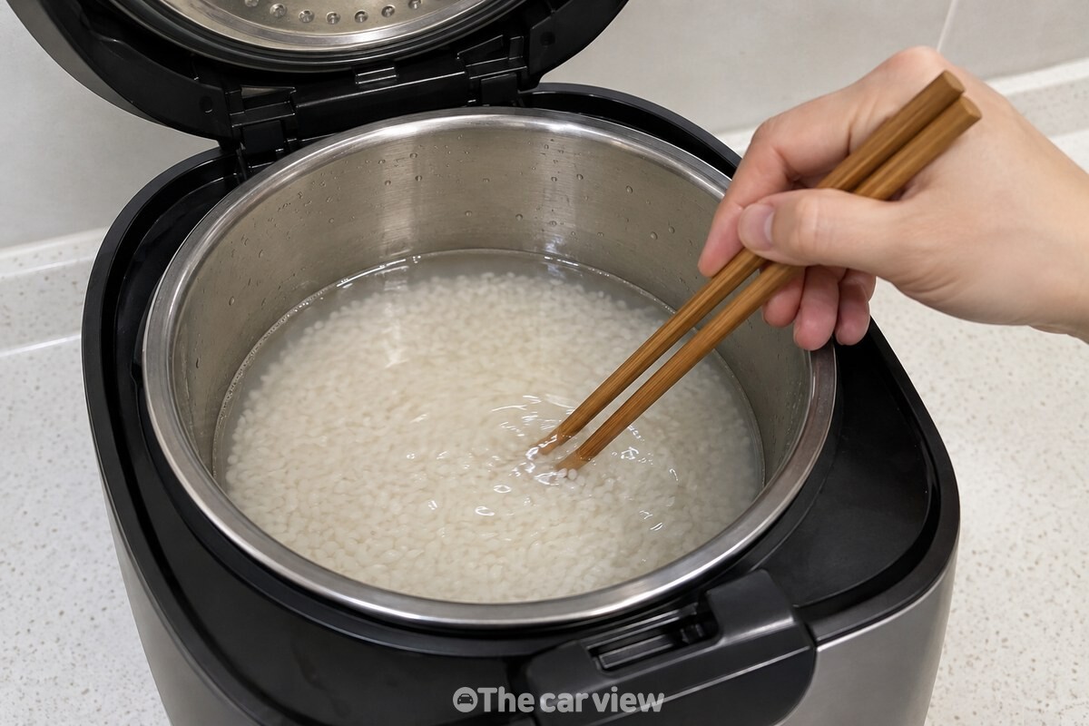 젓가락으로 밥물 표면을 한두 번 크게 저어 식용유를 얇게 퍼뜨리는 모습. / 기사 이해를 돕기 위한 생성형 이미지
