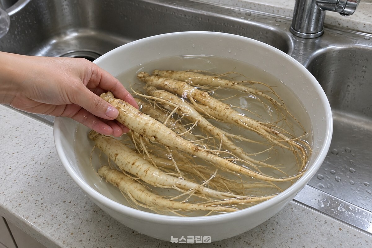 30~40도 미지근한 물에 통도라지를 잠기게 담가 둔 모습. / 기사 이해를 돕기 위한 생성형 이미지