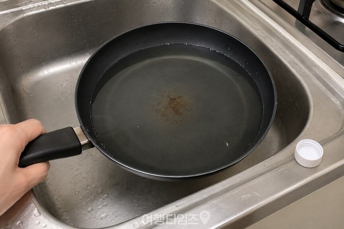 따뜻한 물을 담아 둔 코팅 팬 바닥의 갈색 눌은 자국과 깨끗이 씻은 페트병 뚜껑을 가까이에서 담은 모습. / 기사 이해를 돕기 위한 생성형 이미지