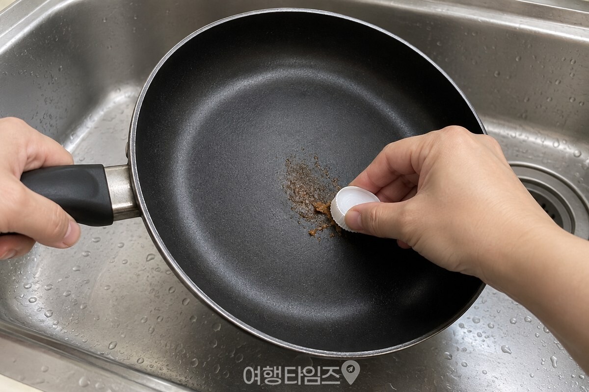 팬을 기울여 잡고 페트병 뚜껑의 톱니 가장자리로 바닥의 자국 가장자리를 짧게 미는 모습. / 기사 이해를 돕기 위한 생성형 이미지