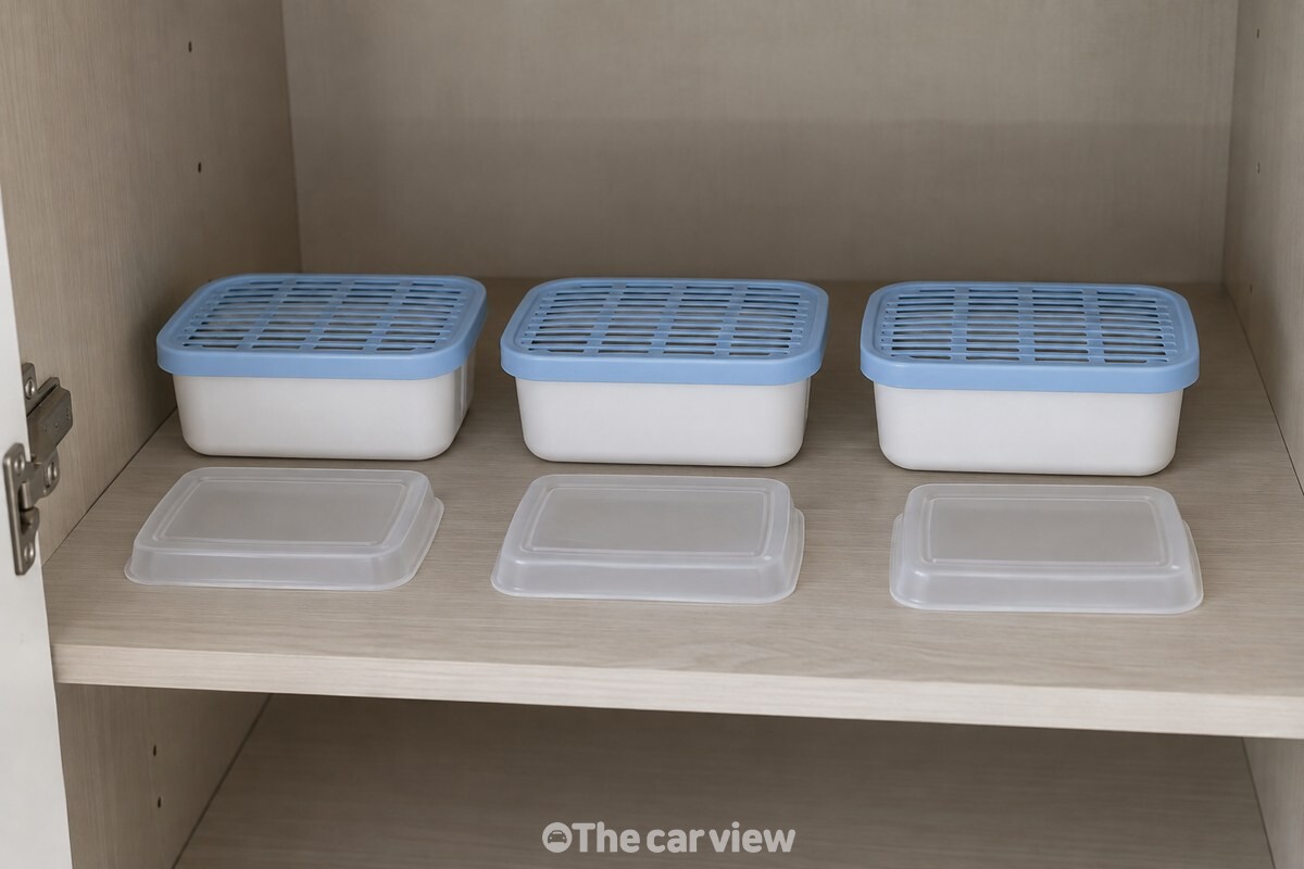 옷장 선반 앞에 납작한 제습제 세 통과 낮은 받침을 준비한 모습. / 기사 이해를 돕기 위한 생성형 이미지