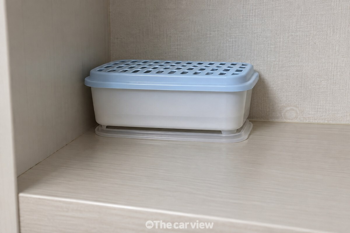 옷장 아랫칸 안쪽에서 낮은 받침 위에 제습제 통 밑면을 띄운 모습. / 기사 이해를 돕기 위한 생성형 이미지