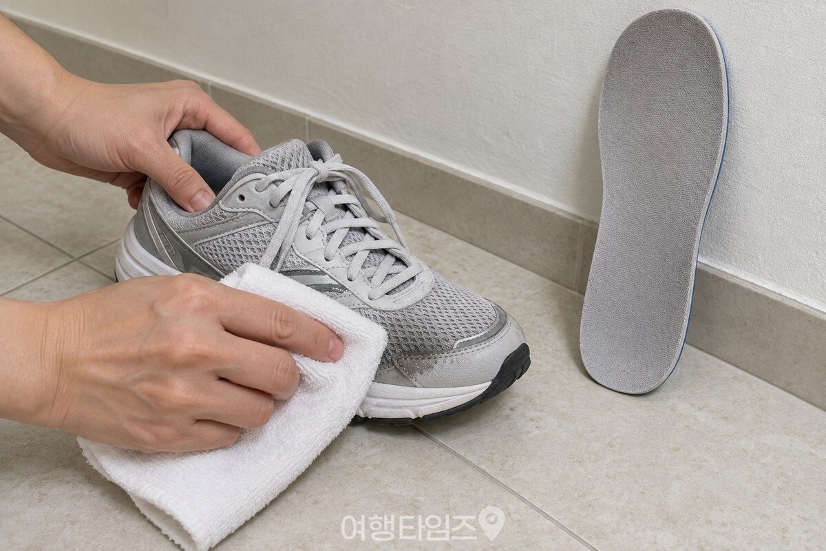 마른 수건으로 운동화 겉면의 빗물을 닦는 모습. / 기사 이해를 돕기 위한 생성형 이미지