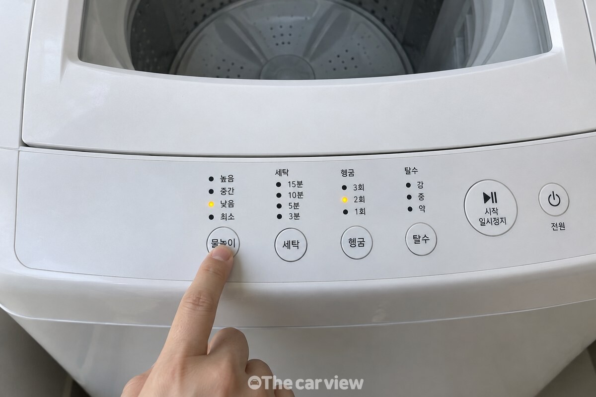 통돌이 세탁기 조작부에서 수위를 한 단계 낮춰 선택하는 손 / 기사 이해를 돕기 위한 생성형 이미지