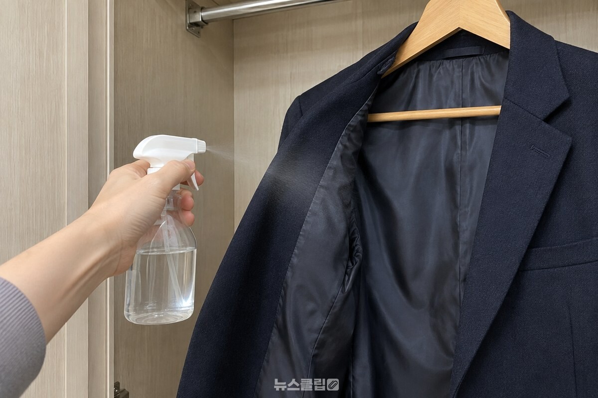 옷걸이에 건 겉옷 안감 쪽을 향해 분무기를 뿌리는 모습. / 기사 이해를 돕기 위한 생성형 이미지
