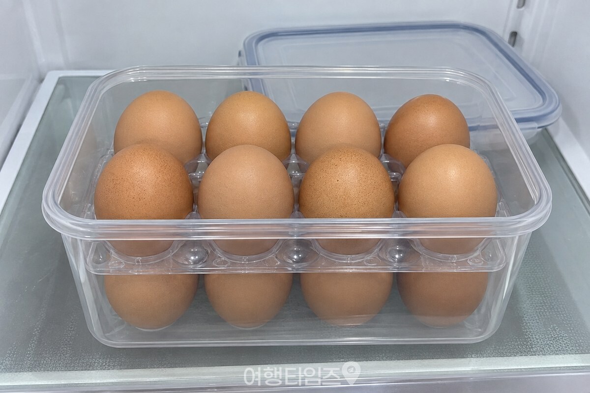 투명한 계란판 뚜껑 조각을 칸막이로 넣어 계란을 두 층으로 담은 반찬통. / 기사 이해를 돕기 위한 생성형 이미지