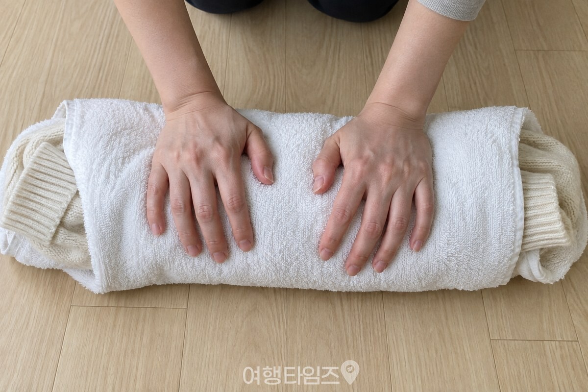 마른 흰 수건으로 감싼 니트를 두 손으로 위에서 눌러 물기를 빼고 있다. / 기사 이해를 돕기 위한 생성형 이미지
