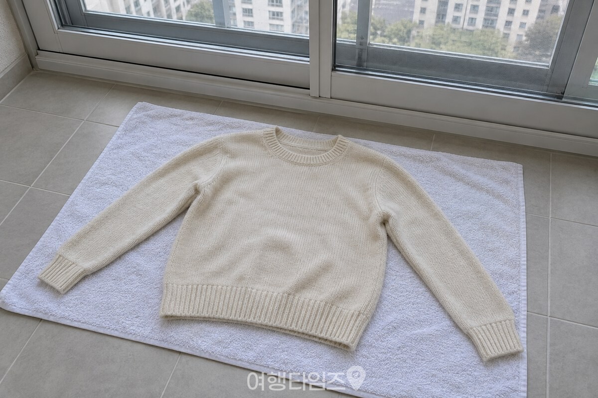 마른 수건 위에 크림색 니트를 모양대로 뉘어 그늘에서 말리고 있다. / 기사 이해를 돕기 위한 생성형 이미지