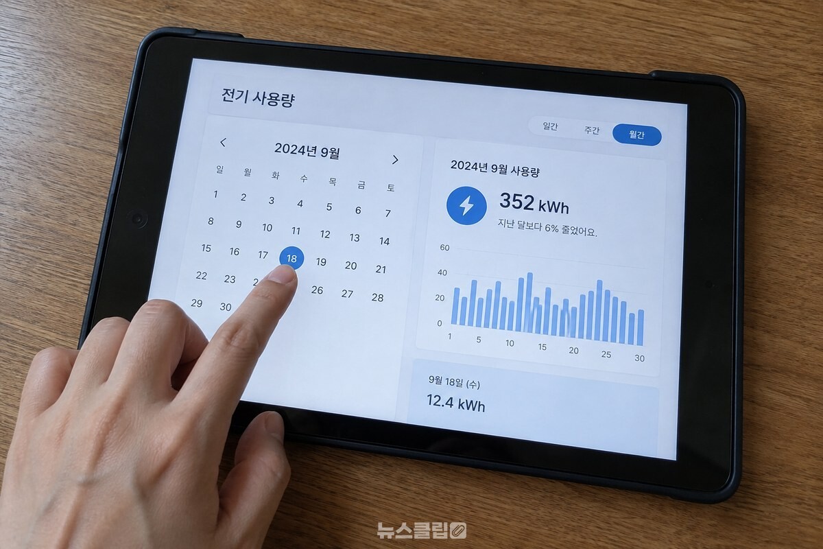 식탁 위 태블릿 화면에서 9월 전기 사용량을 확인하는 손. / 기사 이해를 돕기 위한 생성형 이미지