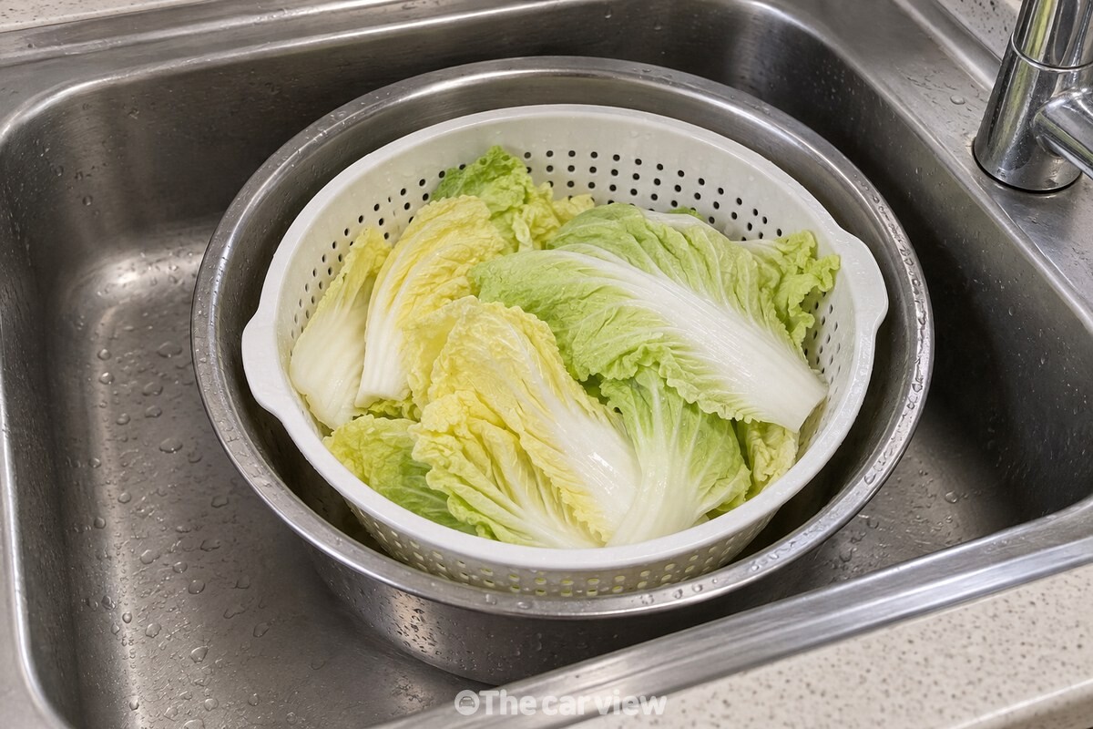 찬물에 헹군 알배추 잎이 채반 위에서 물기를 빼고 있다. / 기사 이해를 돕기 위한 생성형 이미지