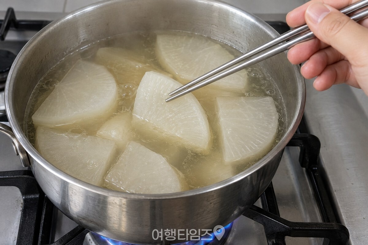 반쯤 투명해진 무 조각을 젓가락으로 찔러 익힘을 확인하는 모습. / 기사 이해를 돕기 위한 생성형 이미지