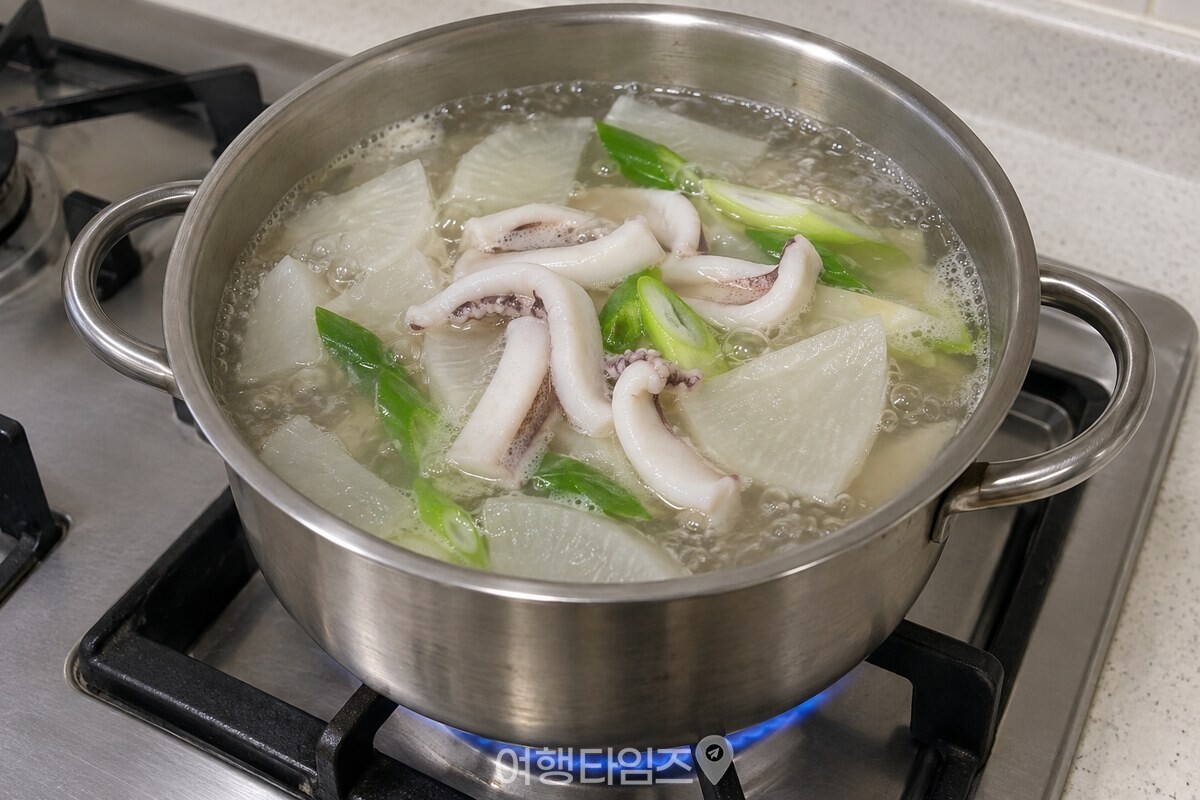 센 불의 맑은 국물에 하얗게 변해 살짝 말린 오징어와 대파가 보이는 모습. / 기사 이해를 돕기 위한 생성형 이미지