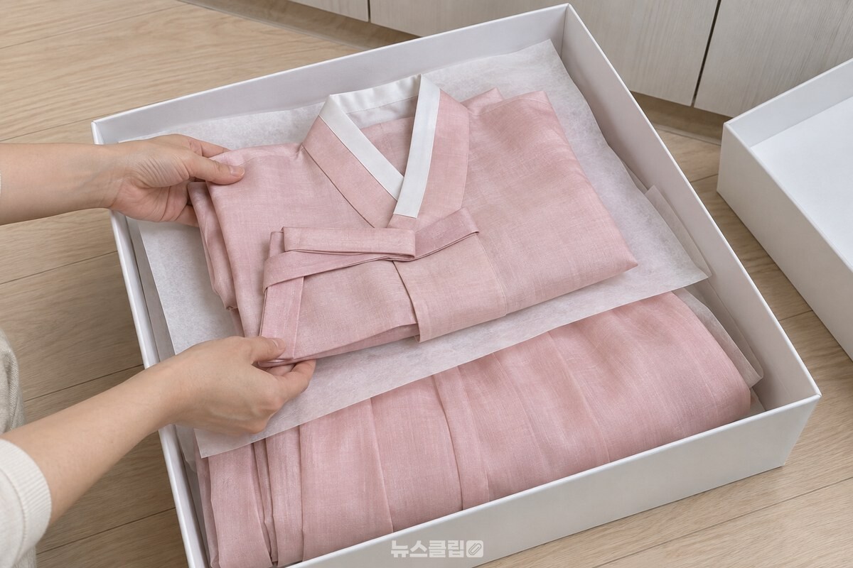 얇은 종이를 사이에 넣어 반듯하게 접은 연분홍 한복과 흰 보관 상자. / 기사 이해를 돕기 위한 생성형 이미지
