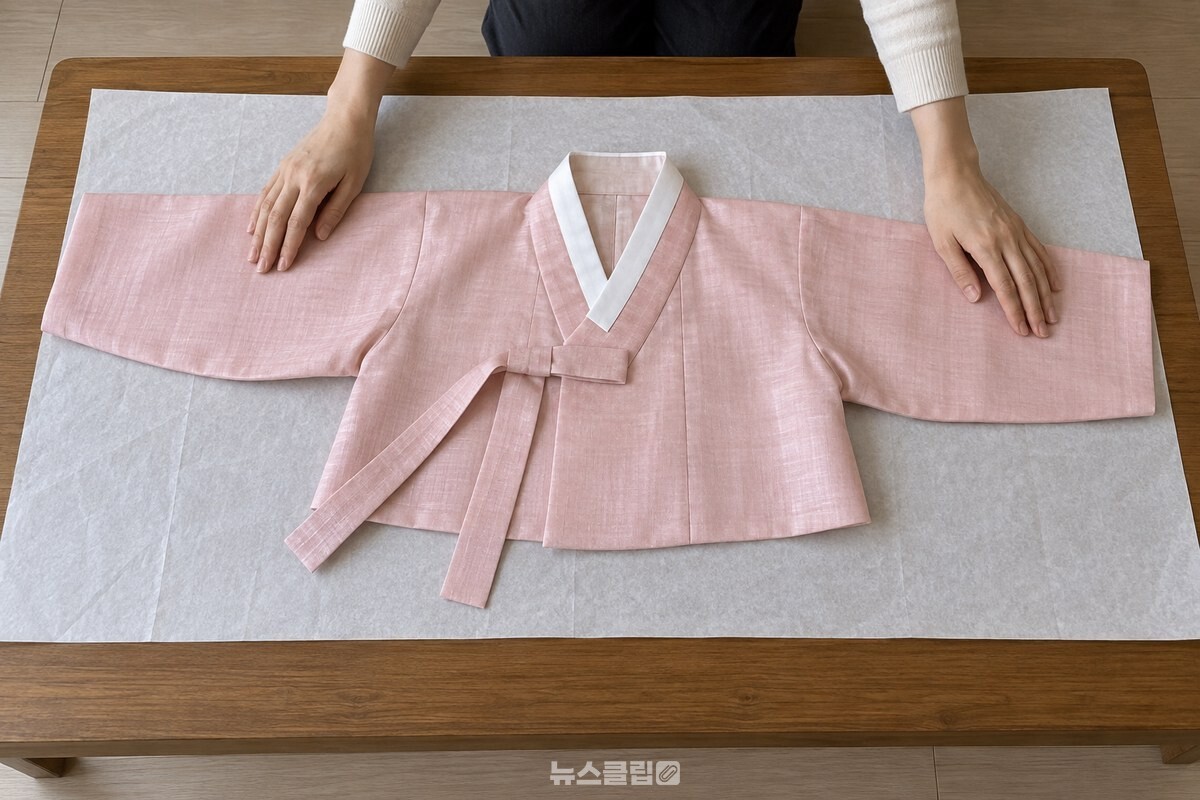 깨끗한 흰 종이 위에 저고리를 펼쳐 접을 준비를 하는 손. / 기사 이해를 돕기 위한 생성형 이미지