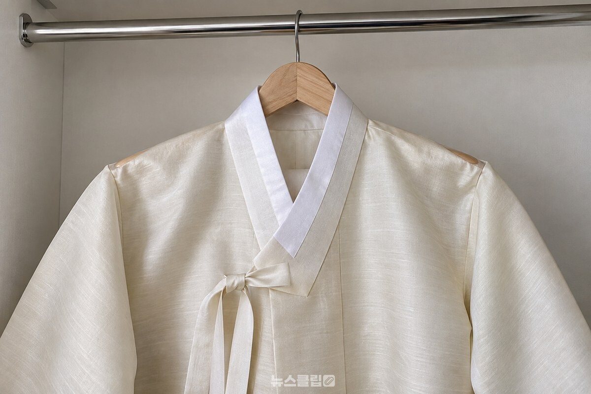 좁은 옷걸이에 걸린 저고리의 어깨선이 아래로 살짝 당겨진 모습. / 기사 이해를 돕기 위한 생성형 이미지