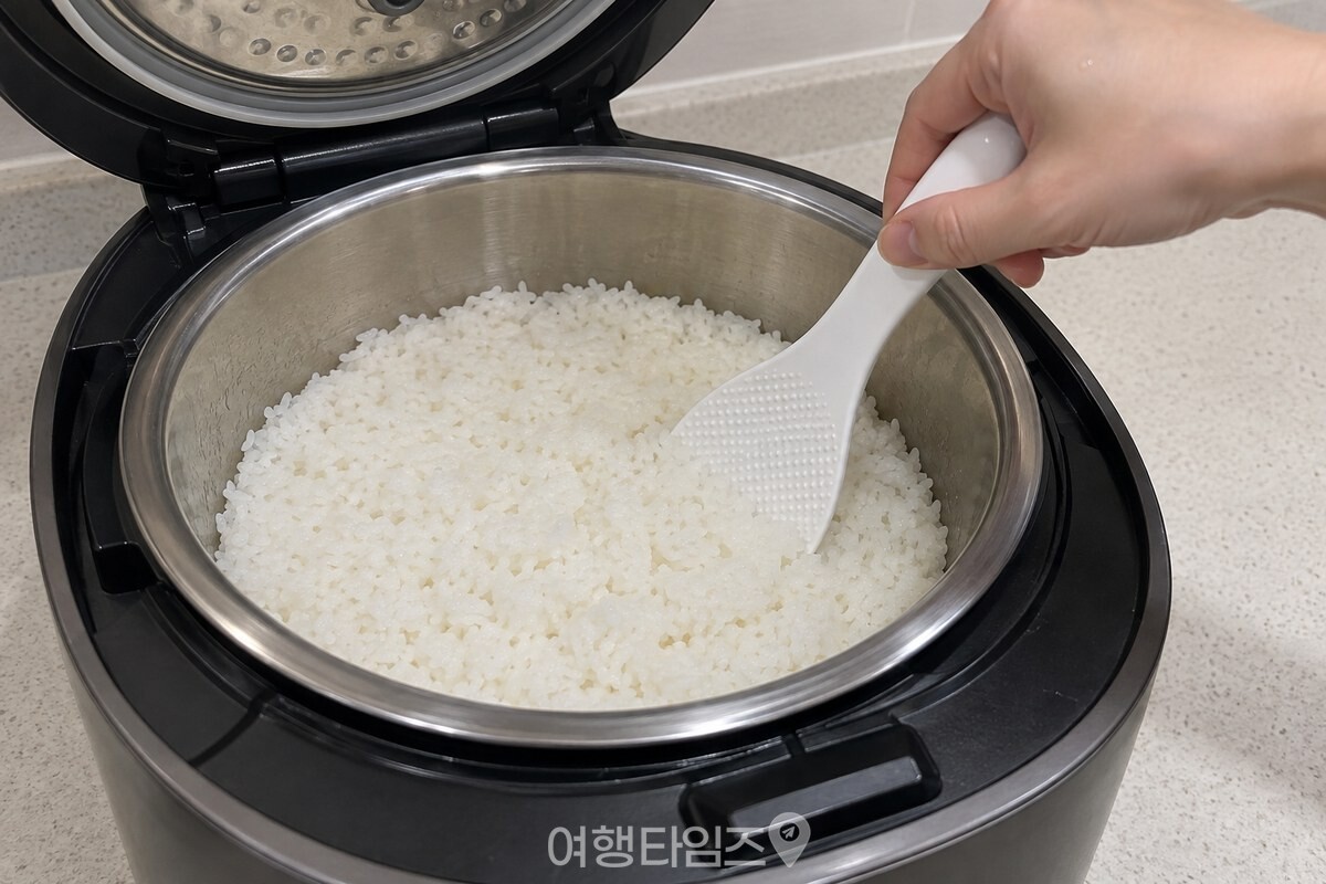 주걱으로 밥을 아래위로 섞은 뒤 표면을 평평하게 펴는 모습. / 기사 이해를 돕기 위한 생성형 이미지