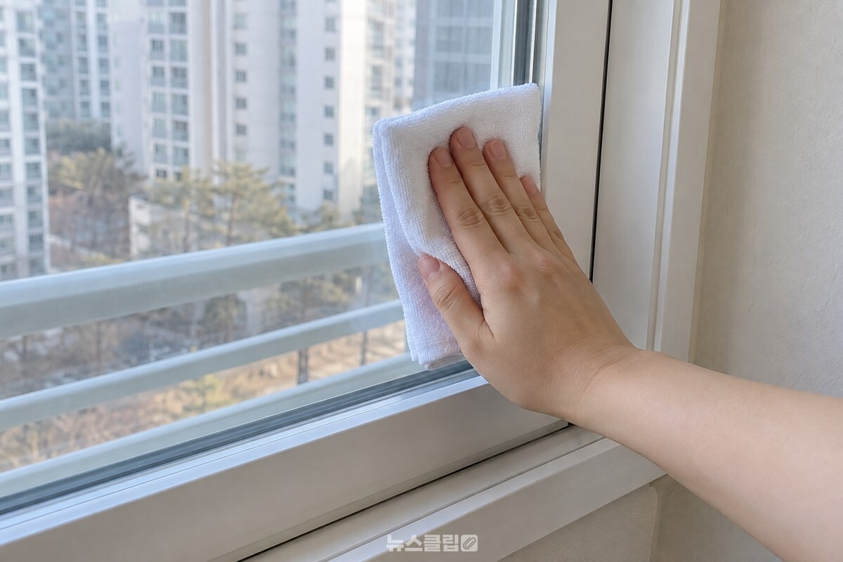마른 흰 극세사 천으로 미닫이창 유리의 물기를 닦아내고 있다. / 기사 이해를 돕기 위한 생성형 이미지