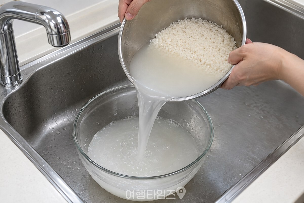 쌀을 한 번 헹군 뒤 두 번째 물을 투명한 그릇에 받는 모습. / 기사 이해를 돕기 위한 생성형 이미지