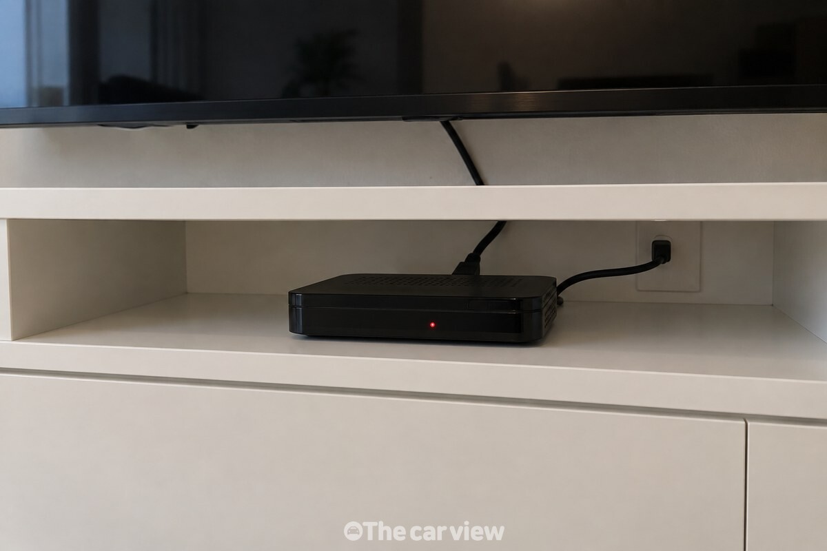 TV 아래 선반에 놓인 셋톱박스 앞면의 붉은 대기 램프와 연결선이 보이는 모습. / 기사 이해를 돕기 위한 생성형 이미지