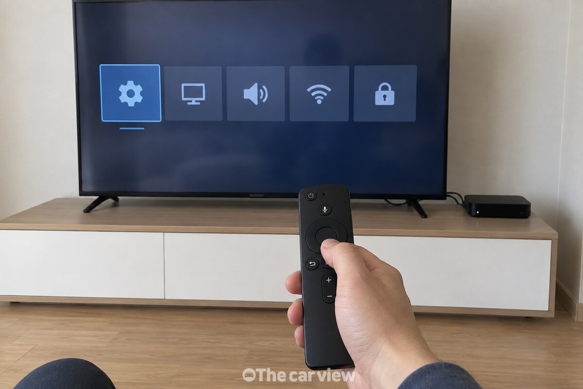 거실에서 리모컨으로 셋톱박스 설정 화면을 여는 손과 TV 화면. / 기사 이해를 돕기 위한 생성형 이미지