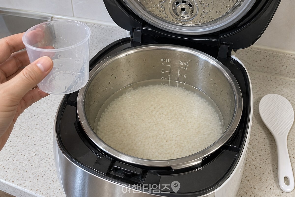 투명한 계량컵으로 평소 물 높이를 맞춘 전기밥솥 내솥의 씻은 쌀. / 기사 이해를 돕기 위한 생성형 이미지