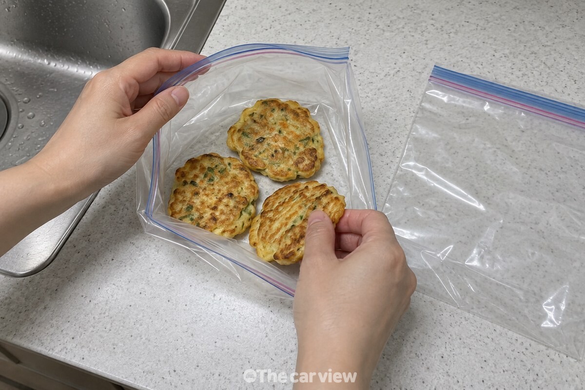 식힌 전을 서너 장씩 겹치지 않게 냉동 보관 봉지에 나눠 담는 모습이다. / 기사 이해를 돕기 위한 생성형 이미지