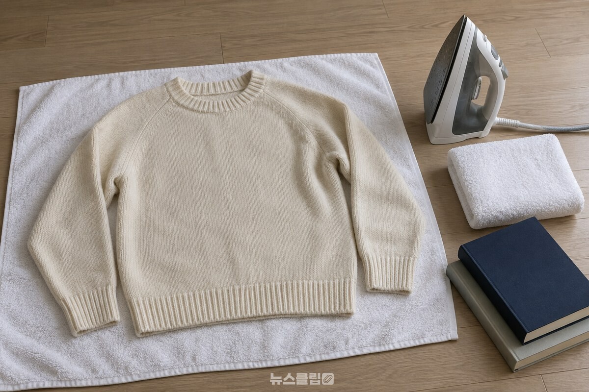 마른 수건 위에 반듯하게 놓은 니트와 물을 채운 스팀다리미, 덮을 수건과 책을 준비한 모습. / 기사 이해를 돕기 위한 생성형 이미지