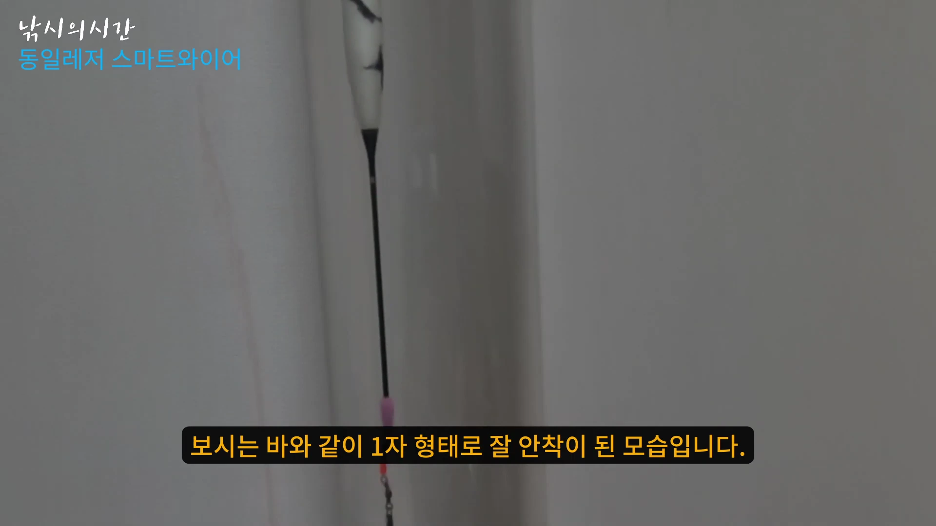 실내 수조에서 테스트 중인 낚시 찌와 채비가 수직으로 곧게 뻗어 있는 모습