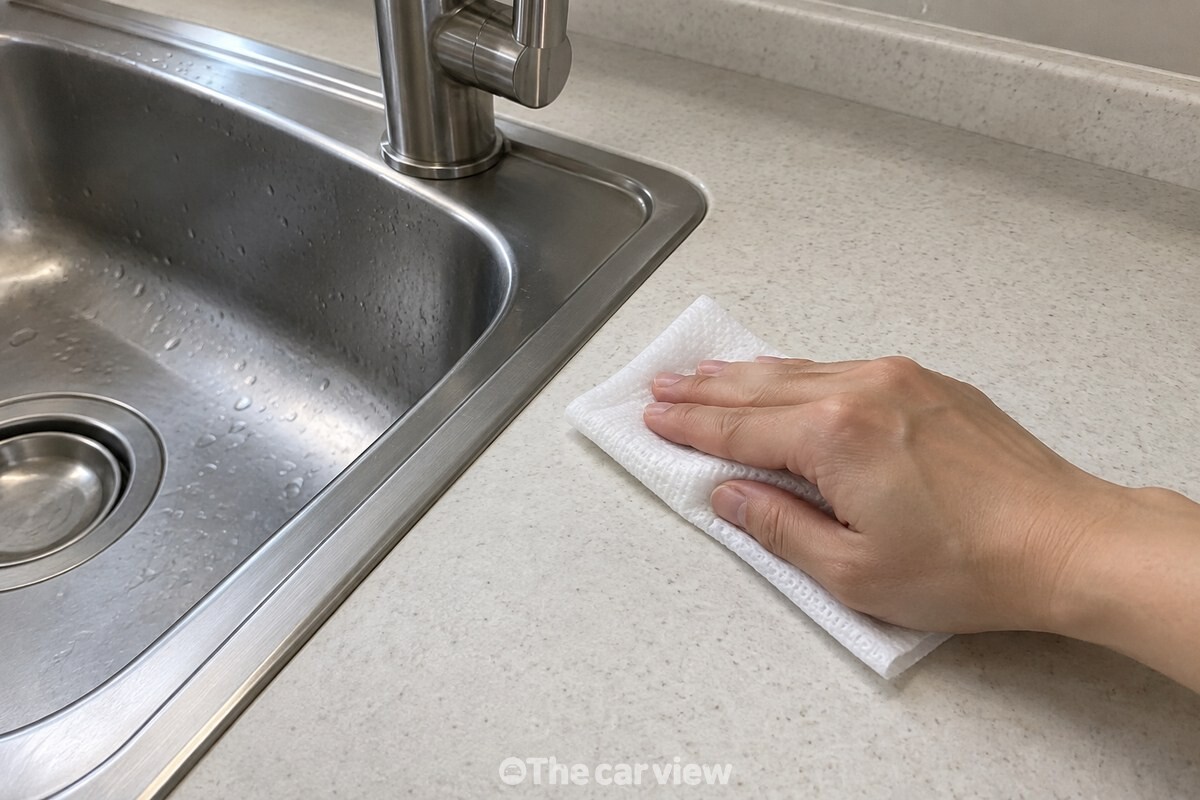 가볍게 짠 부직포 행주 조각으로 싱크대 옆 상판을 닦는 모습. / 기사 이해를 돕기 위한 생성형 이미지