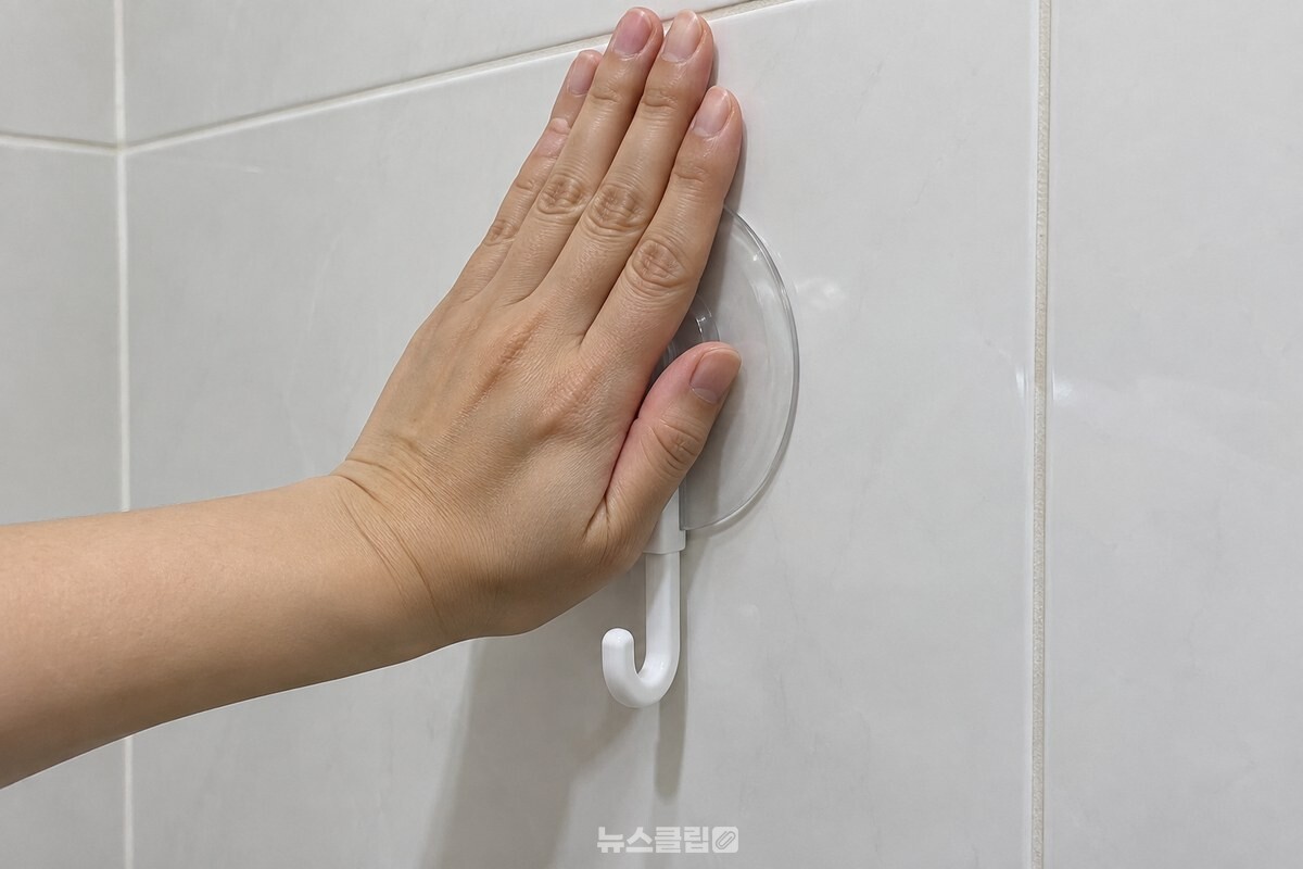손바닥으로 흡착 고리 가운데를 타일 벽에 밀착해 누르는 모습. / 기사 이해를 돕기 위한 생성형 이미지