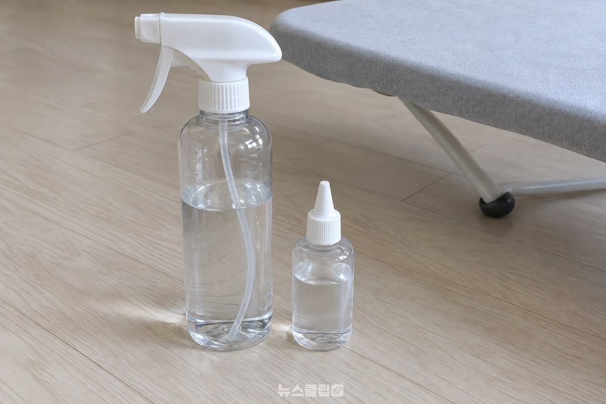 투명 문구용 물풀과 물을 넣은 분무기를 다리미판 옆에 준비한 모습. / 기사 이해를 돕기 위한 생성형 이미지