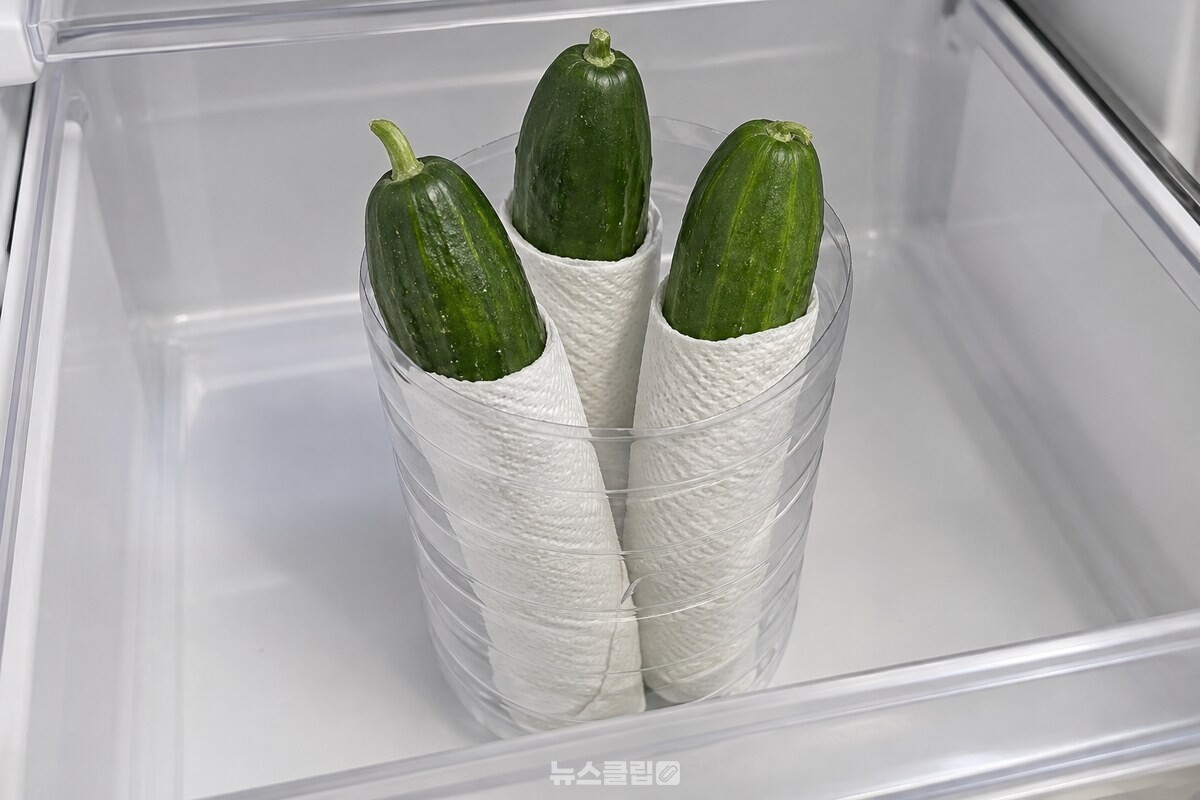 키친타월로 감싼 오이 세 개가 잘라 만든 투명 페트병 통에 꼭지를 위로 하고 서 있다. / 기사 이해를 돕기 위한 생성형 이미지