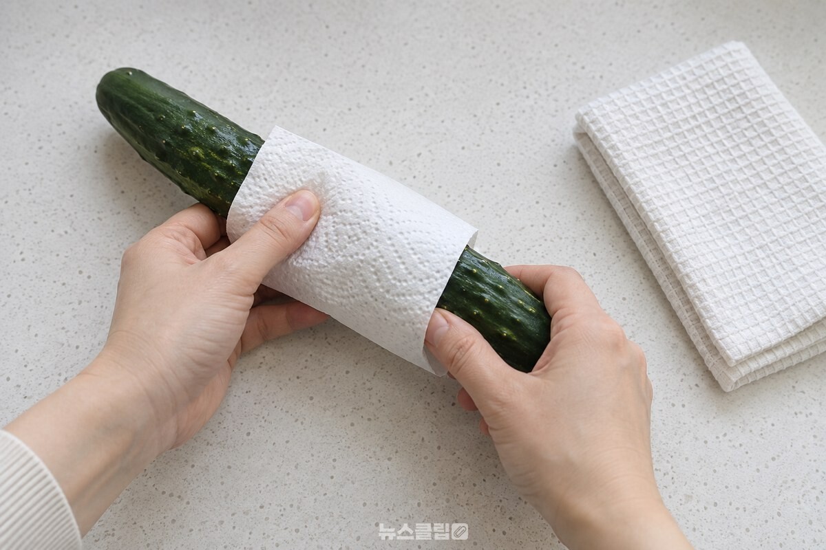 마른 흰 행주로 물기를 닦은 오이를 키친타월 한 장으로 한 바퀴 감싸고 있다. / 기사 이해를 돕기 위한 생성형 이미지