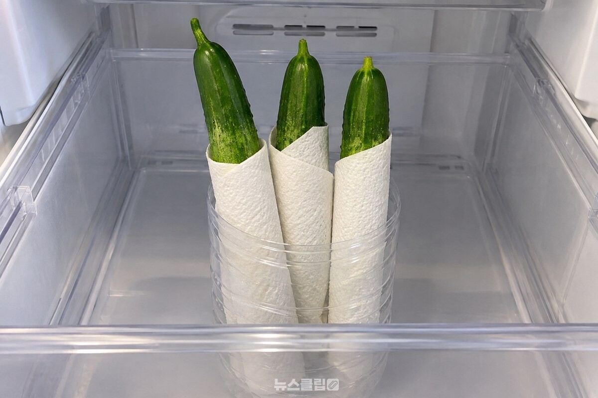 키친타월로 감싼 오이 세 개가 냉장고 야채칸 앞쪽의 페트병 통 안에 간격을 두고 담겨 있다. / 기사 이해를 돕기 위한 생성형 이미지