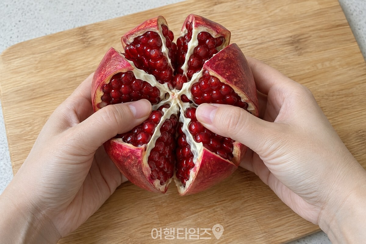 흰 막 선을 따라 여덟 조각으로 벌어진 석류의 속. / 기사 이해를 돕기 위한 생성형 이미지