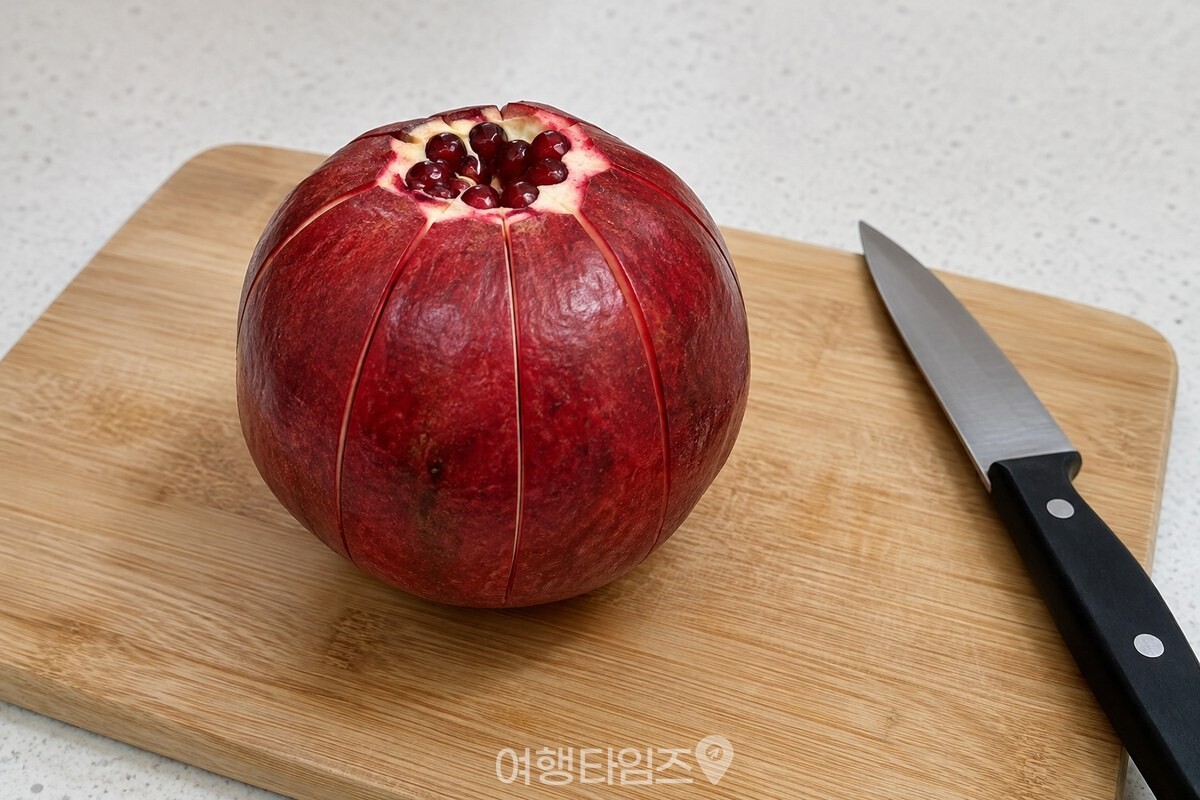 도마 위에서 꼭지 부분을 제거하고 옆면에 세로 칼집을 낸 붉은 석류. / 기사 이해를 돕기 위한 생성형 이미지