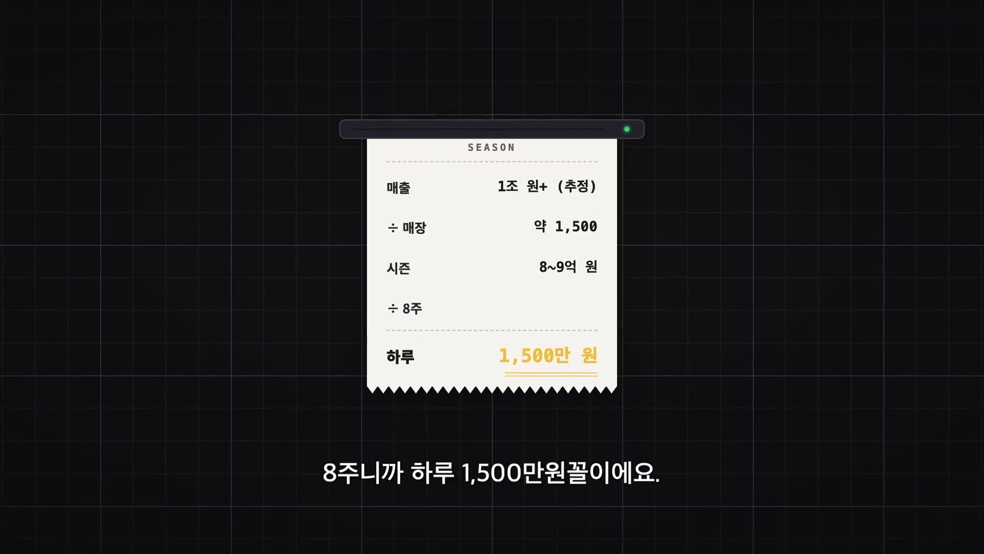 검은 배경 중앙에 'SEASON'이라는 제목이 적힌 영수증 모양의 그래픽이 떠 있고, 그 아래에 8주간의 매출 산출 근거가 한국어로 적혀 있습니다.